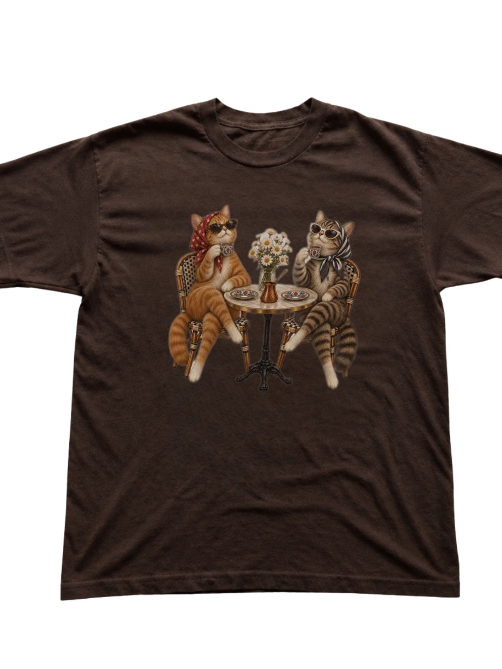 Dark Chocolate Tee with Retro Cat Café Illustration